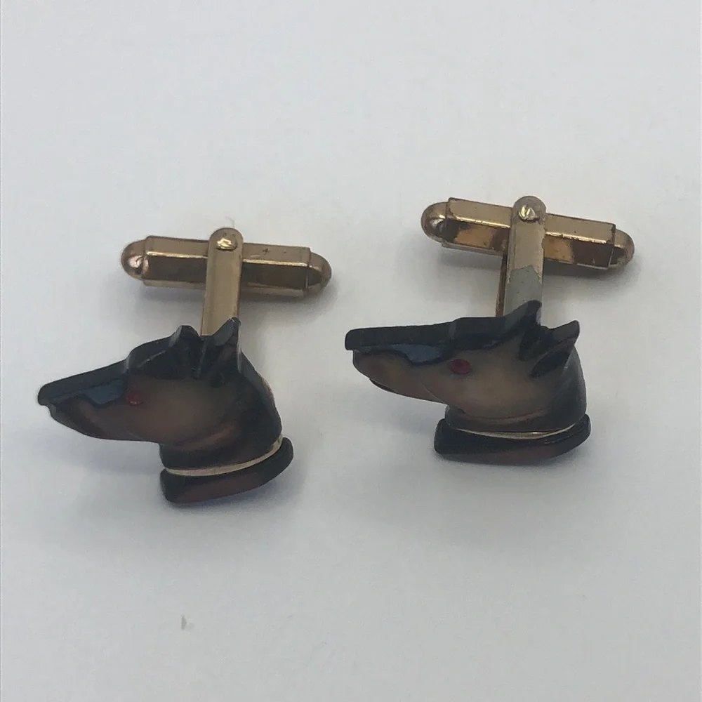 Mid century Mother of pearl dog head Cufflinks & Tie Bar VTG